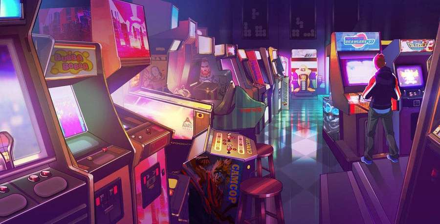 A person plays a vintage arcade game under neon lights. — Arcade Picture
