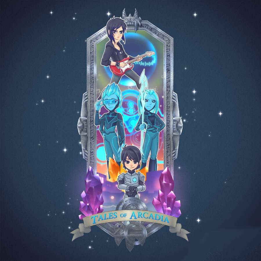 Four anime characters in futuristic armor stand in a glowing portal with purple crystals and stars. — Arcadia Wallpaper