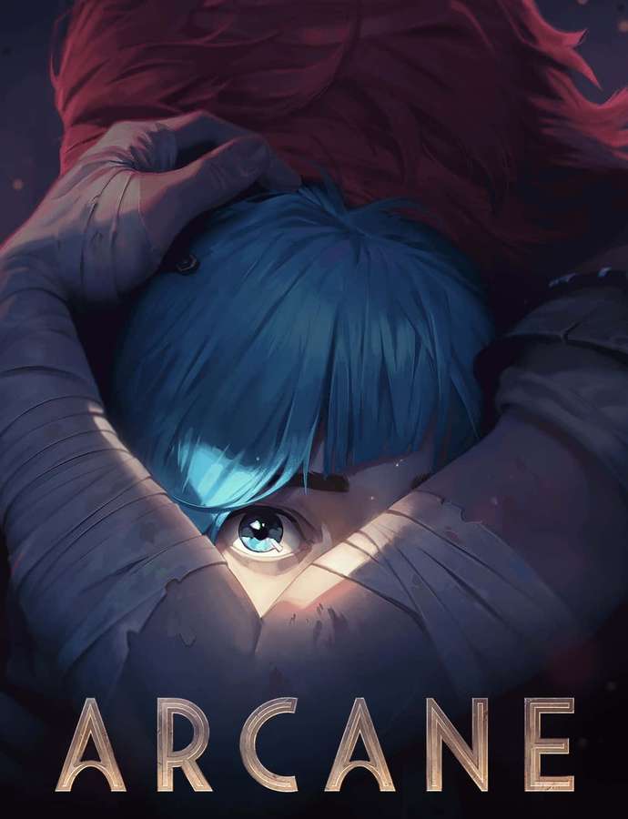 Blue-haired anime character with one eye visible, embraced by red-haired figure in dark scene. — Arcane Background