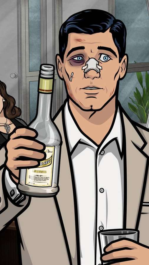 Man with injured face holding tequila bottle and glass in bar setting. — Archer Wallpaper