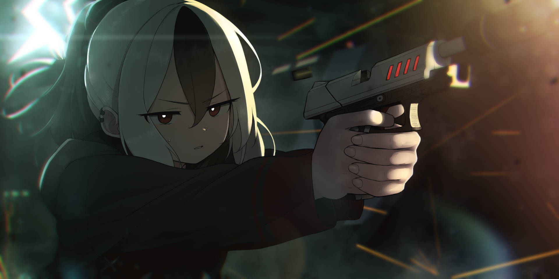 Anime-tjej siktar med en glödande pistol i en eldig stridsscen. — Arkiv bakgrund Bakgrundsbilder