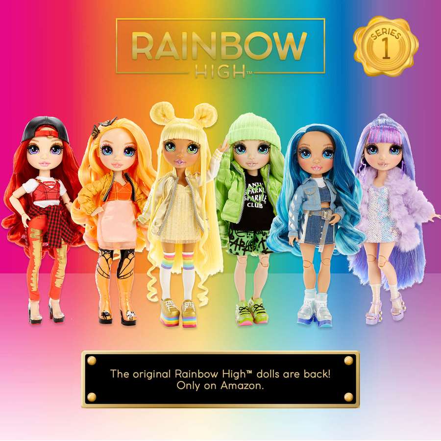 Seis muñecas Rainbow High en atuendos coloridos contra un fondo de arcoíris. — Arcoíris Alto Fondos de pantalla