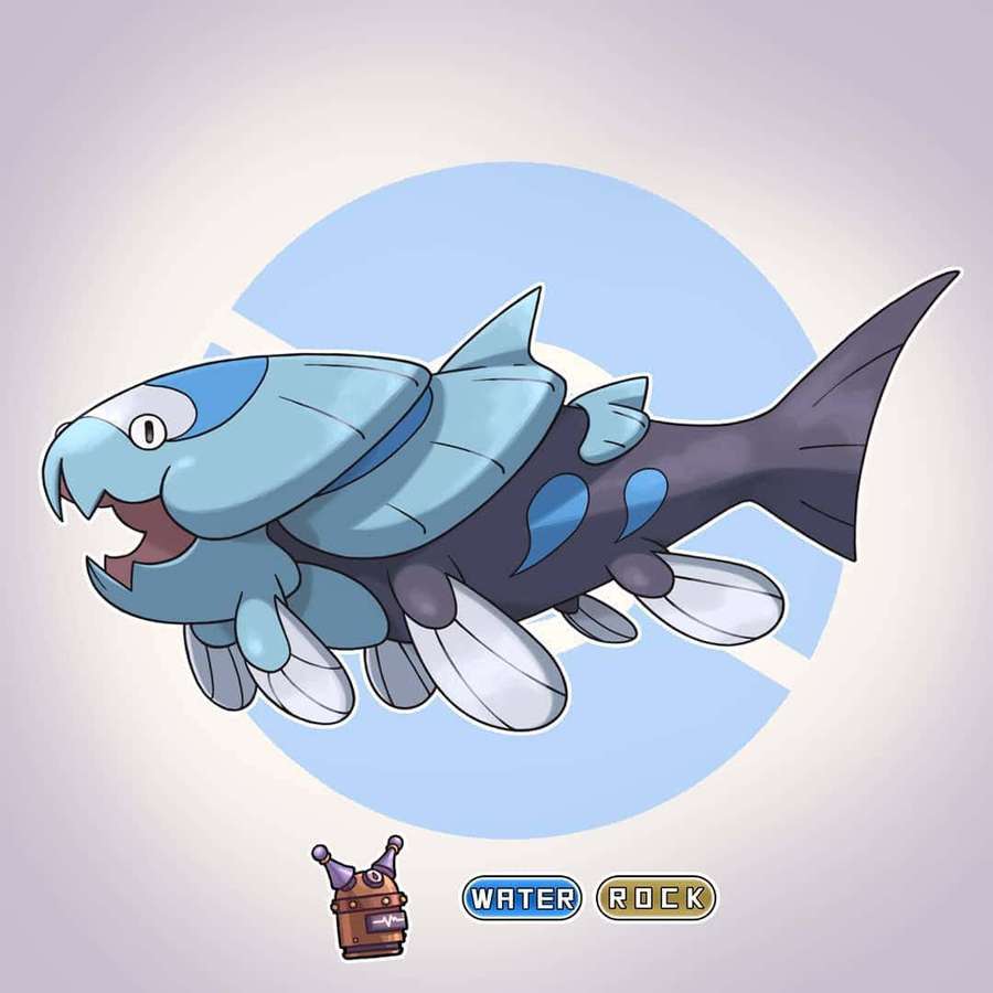 Blue and gray fish-like Pokémon with sharp teeth and fins against a blue circle. — Arctovish Wallpaper