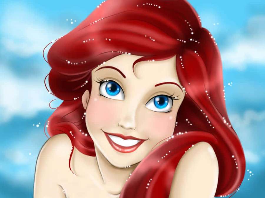 A smiling mermaid with red hair and blue eyes against a blue sky. — Ariel Picture