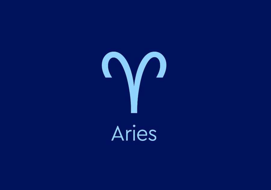 Aries zodiac symbol in light blue on dark blue background with text label. — Aries Background