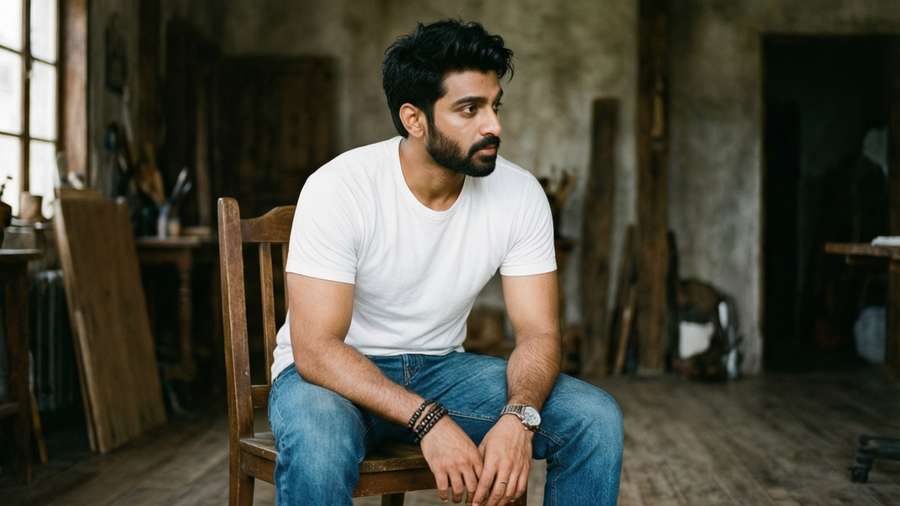 Arjun Kapoor in white t-shirt, rustic studio, natural light, candid pose looking away. — Arjun Kapoor Background