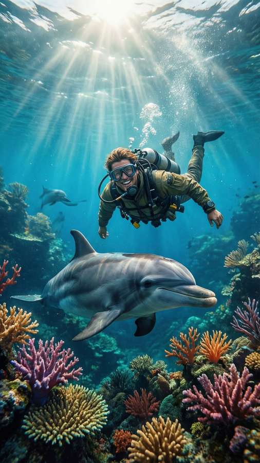 Underwater wallpaper of a survivor diving with an Ichthyosaurus in a coral reef from Ark. — Ark Survival Evolved Wallpaper