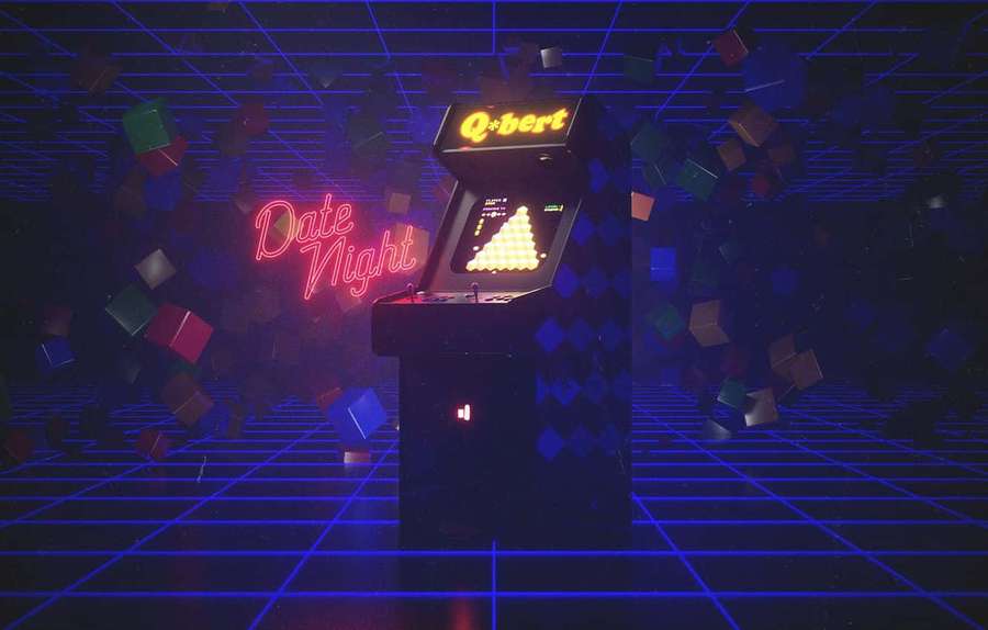 Ein Retro-Arcade-Automat mit 'Date Night'-Neonschild in einem leuchtenden Gitterraum. — Arkade Wallpaper