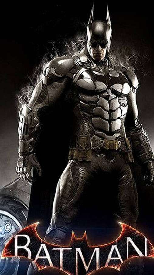 Batman in armored suit standing with glowing bat logo below. — Arkham Background