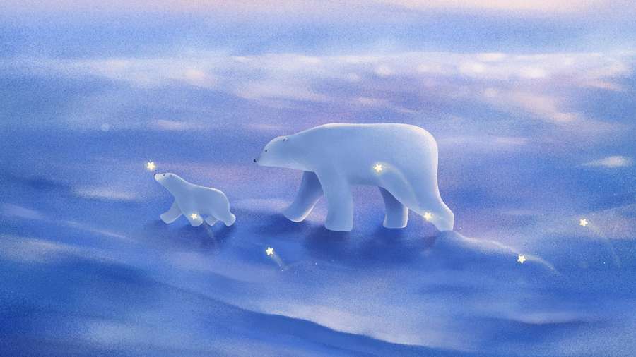 Mutter Eisbär und Junges laufen durch verschneites Gelände unter Sternenhimmel. — Arktis Wallpaper