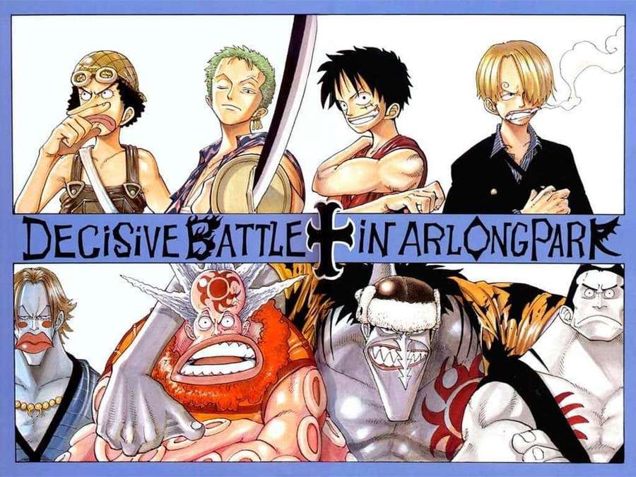 One Piece anime characters in a decisive battle scene with intense expressions. — Arlong Park Wallpaper