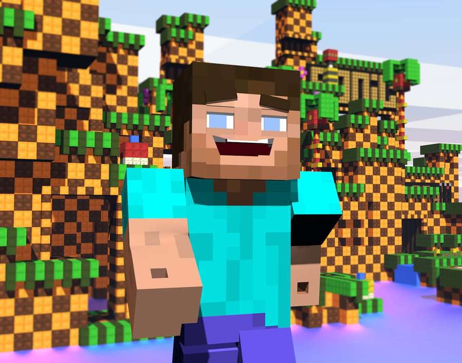 Minecraft Steve sonriendo en un bosque de bloques con agua brillante. — Armadura de Minecraft Fondos de pantalla