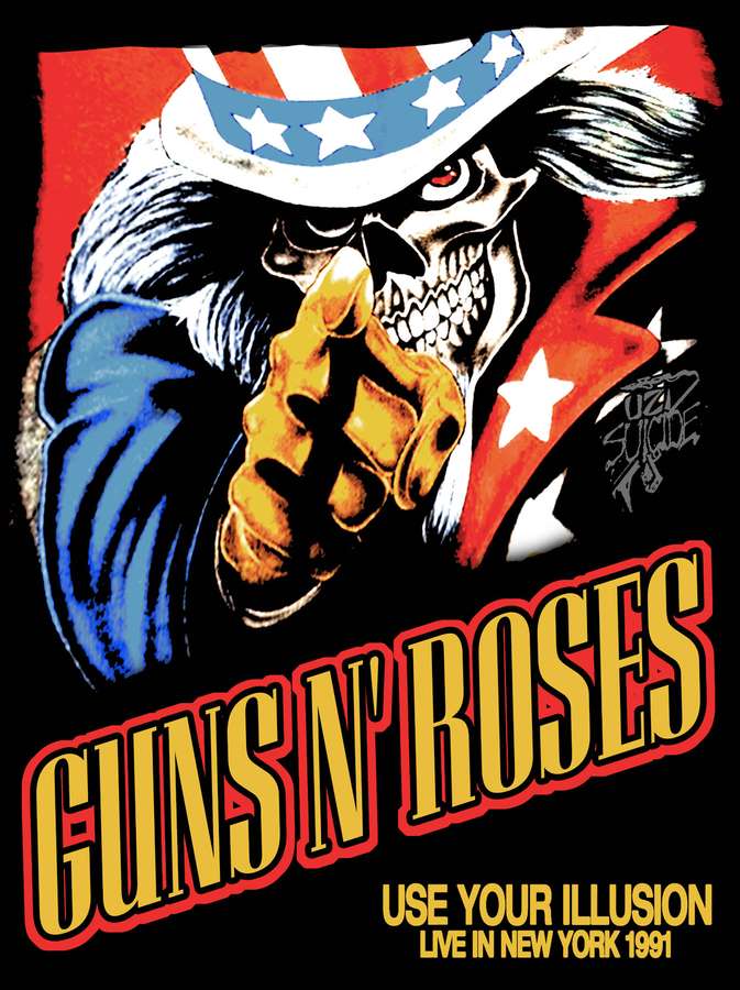 Pôster do show do Guns N' Roses com uma caveira de chapéu de bandeira americana apontando para frente. — Armas e rosas Papéis de Parede