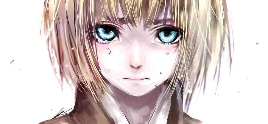 Anime girl with blonde hair and blue eyes crying softly against a white background. — Armin Background