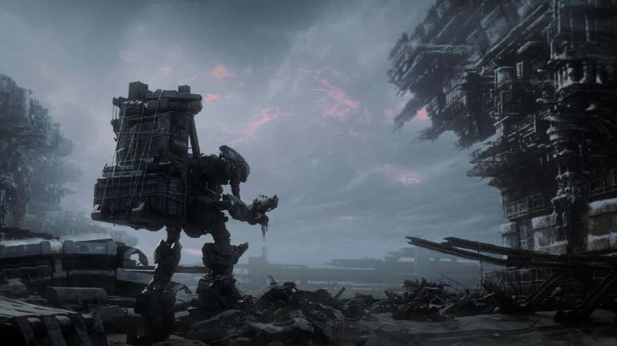 Um robô mech danificado está em uma cidade futurista em ruínas sob um céu tempestuoso com relâmpagos rosa. — Armored Core Papéis de Parede