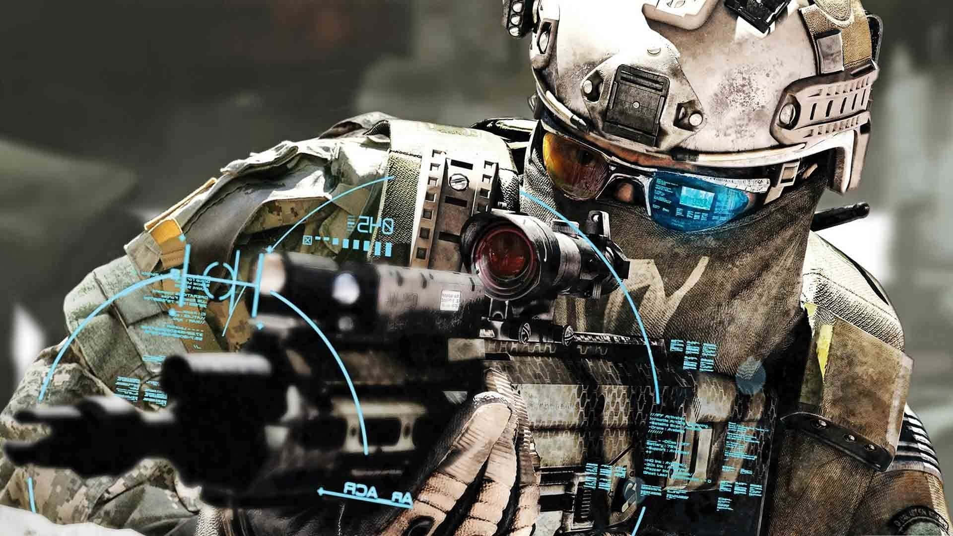 Soldier in combat gear aiming rifle with digital HUD overlay. — Army Wallpaper