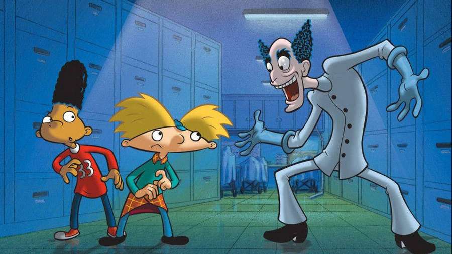 Two children face a scary man in a silver suit in a school hallway. — Arnold Background