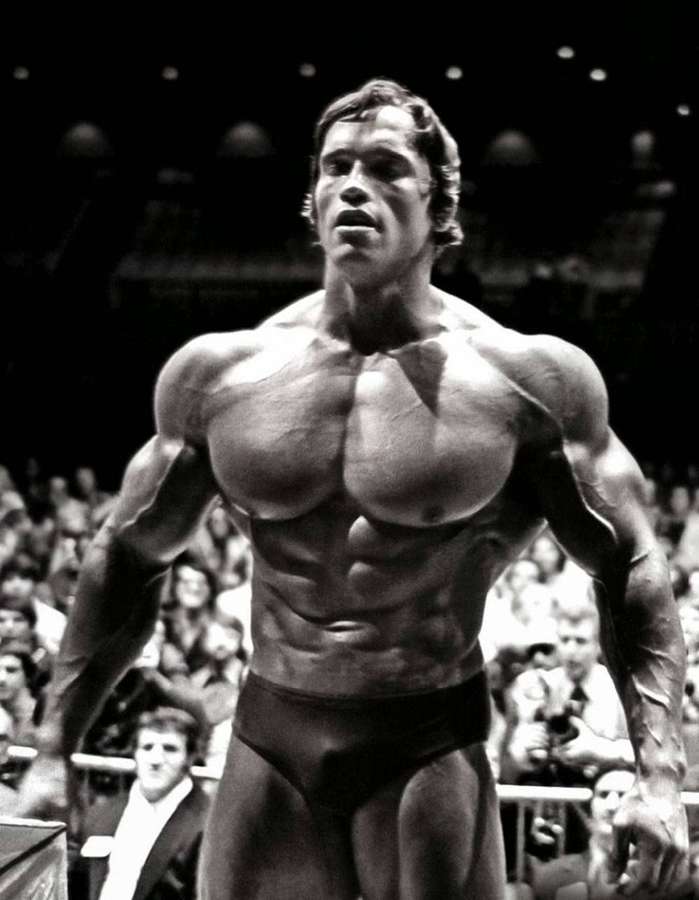 Arnold Schwarzenegger posiert mit definierten Muskeln bei einer Bodybuilding-Veranstaltung. — Arnold Bilder