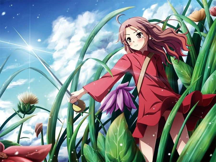 Anime girl in red dress among tall grass and flowers under sunny sky. — Arrietty Background