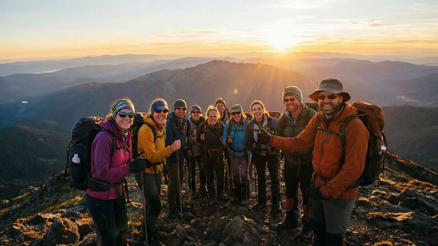 Hikers arrive at a mountain peak just as the sun rises, celebrating their achievement. — Arrival Wallpaper
