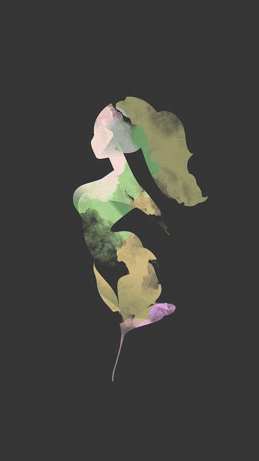 Abstract watercolor silhouette of a woman with flowing hair in soft greens purples and pinks. — Art iPhone Wallpaper
