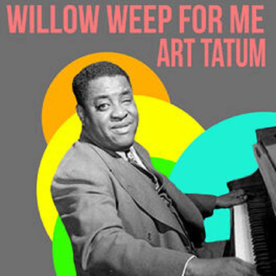 Art Tatum smiling at piano with colorful abstract background and text. — Art Tatum Wallpaper