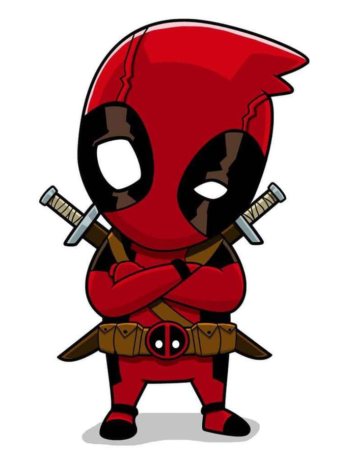 Deadpool chibi con espadas cruzadas en traje rojo se mantiene seguro. — Arte de Deadpool Fondos de pantalla