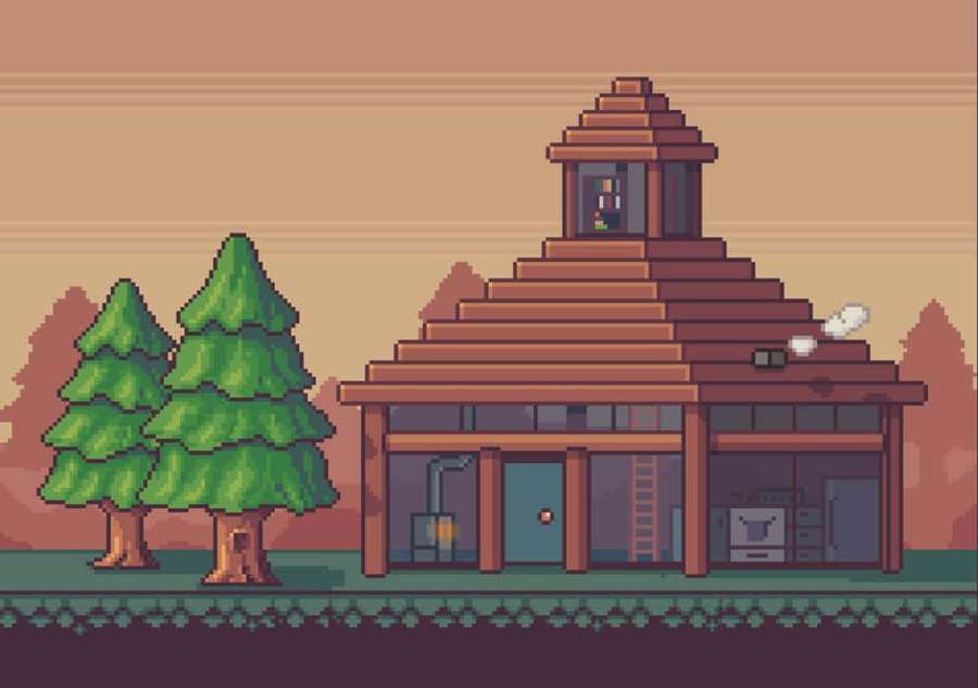 Cabaña de madera pixelada con chimenea y pinos al atardecer. — Arte en Pixel de Minecraft Fondos de pantalla