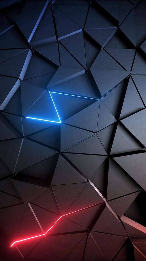 Padrão geométrico escuro com linhas de néon azuis e vermelhas brilhantes. — Arte poligonal Papéis de Parede