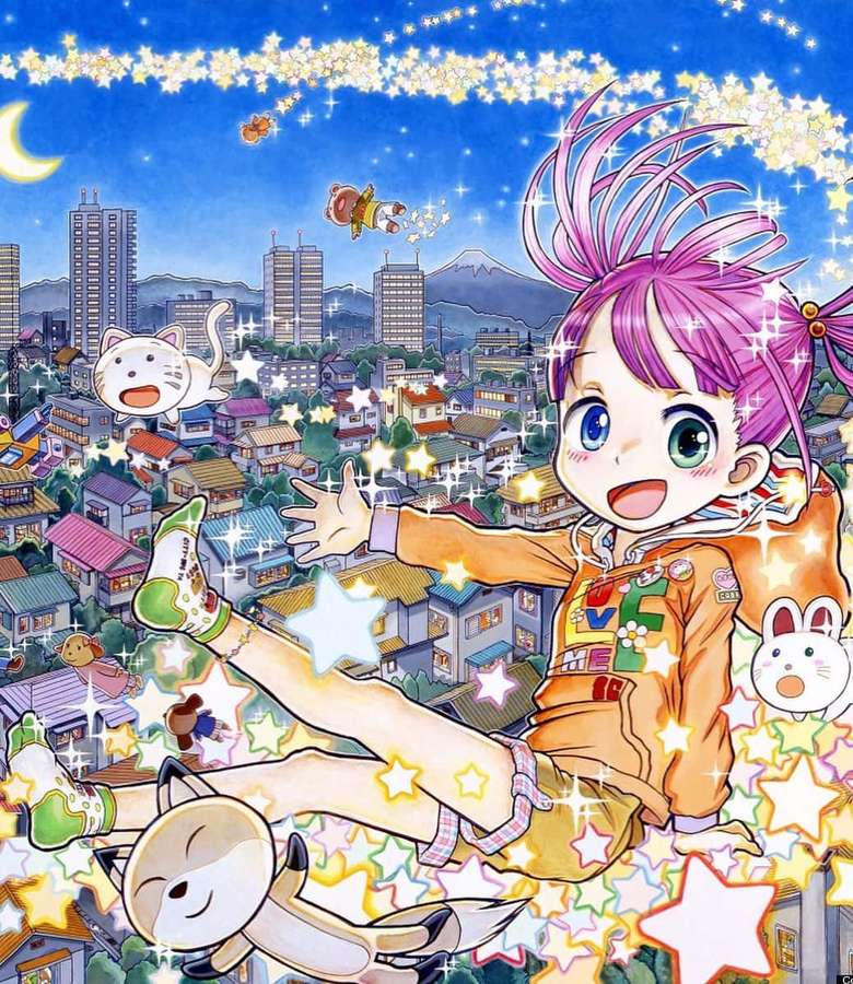 Chica anime con cabello rosa flotando entre estrellas sobre una ciudad de noche. — Arte pop japonés Fondos de pantalla