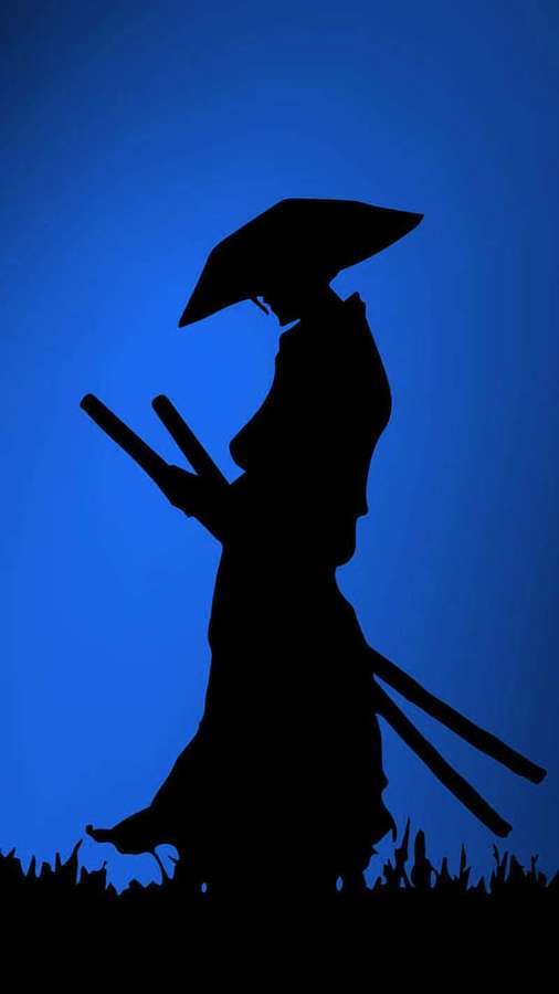 Silueta de un samurái con paraguas y espadas contra el cielo nocturno azul. — Arte Samurai Fondos de pantalla