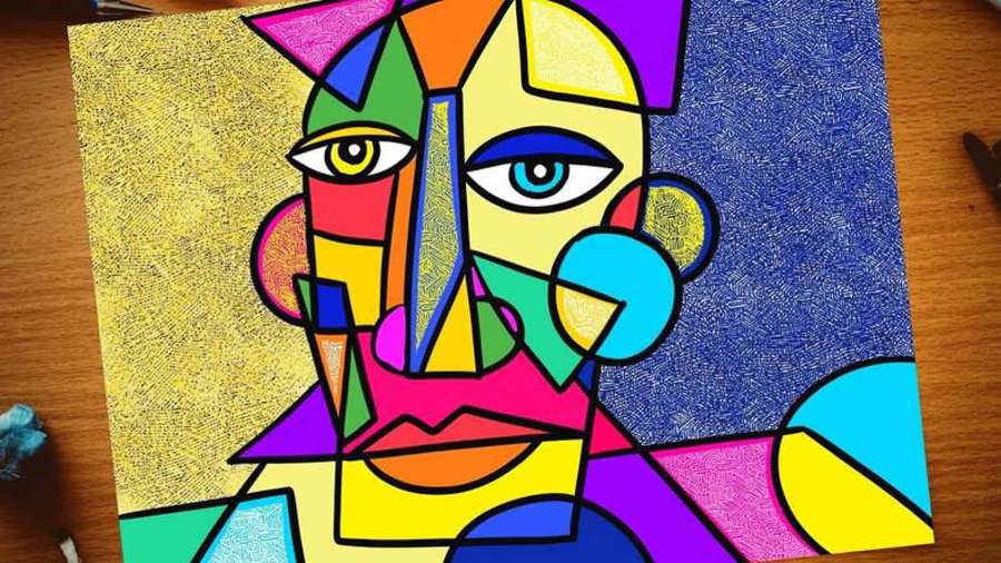 Retrato geométrico abstracto con colores audaces sobre lienzo texturizado. — Arte Fondos de pantalla
