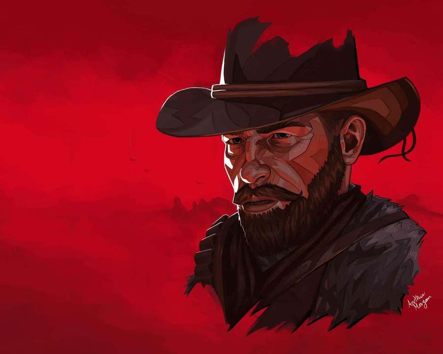 Um cowboy sério com barba e chapéu contra um fundo vermelho. — Arthur morgan Papéis de Parede