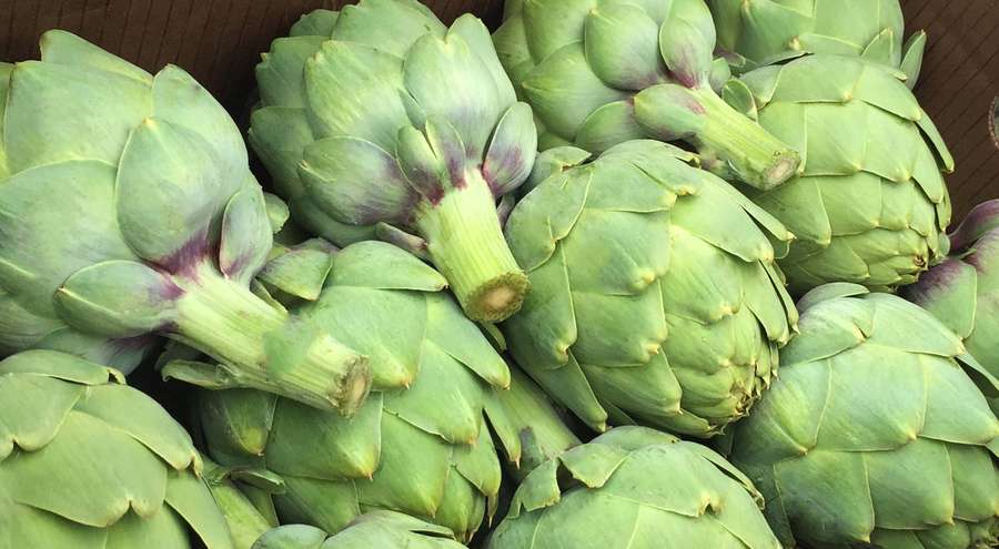 Fresh green artichokes with purple bases in a wooden crate. — Artichoke Background