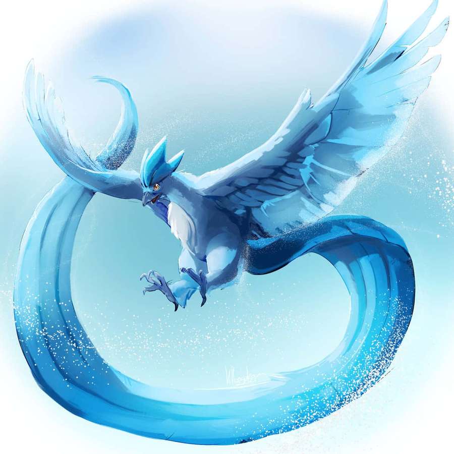 A blue dragon with wings and tail swirling in motion against a light blue background. — Articuno Wallpaper