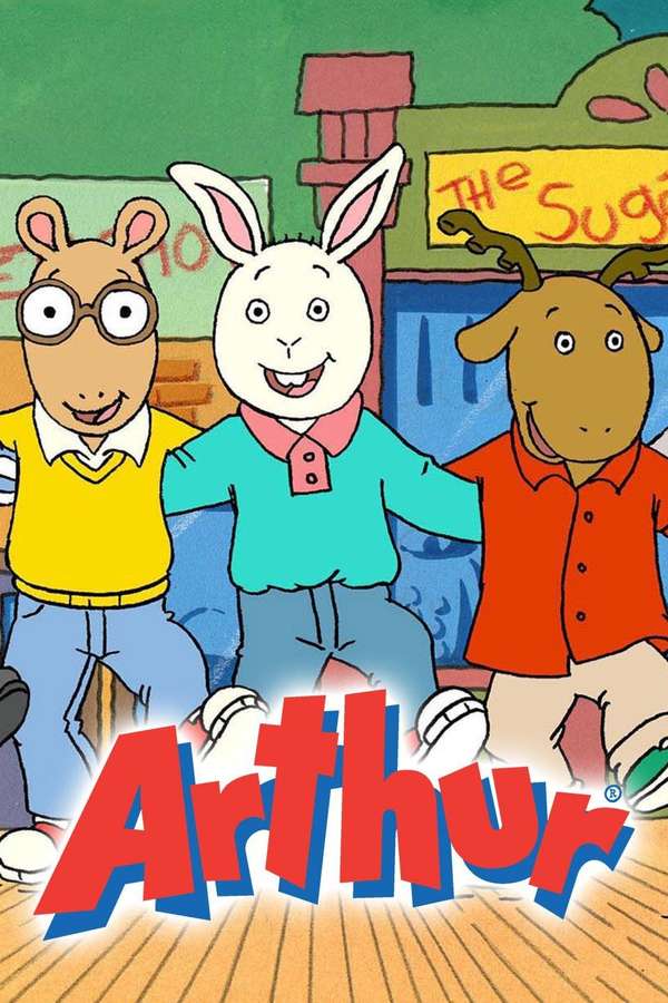 Três crianças animais de desenho animado sorrindo em uma sala de aula com o logotipo Arthur. — Artur Papéis de Parede