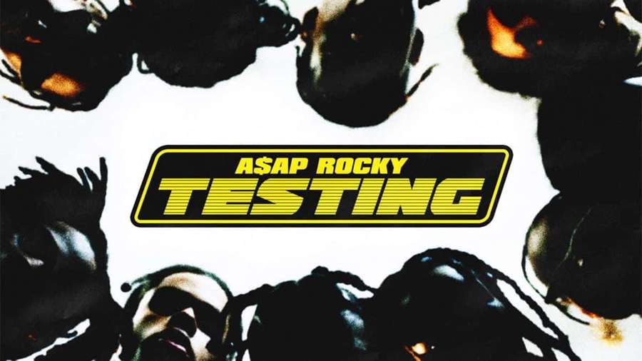 A$AP Rocky tummien siluettien ympäröimänä, joilla on hehkuvat silmät ja lihavoitu keltainen teksti. — Asap Rocky Testing Taustakuvat