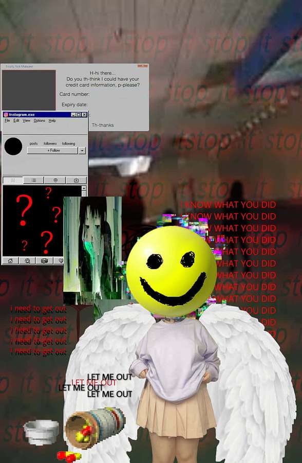 Uma pessoa com asas de anjo e cabeça de smiley presa em um ambiente digital com glitch. — Asas Papéis de Parede