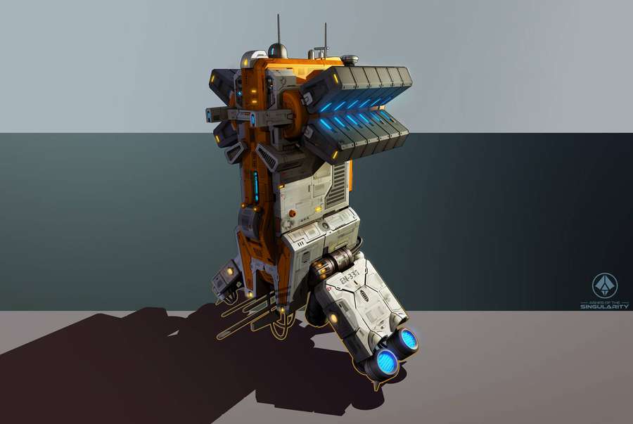Futuristischer oranger und weißer Mech mit blauen Triebwerken in einem Studio-Setting. — Asche Wallpaper