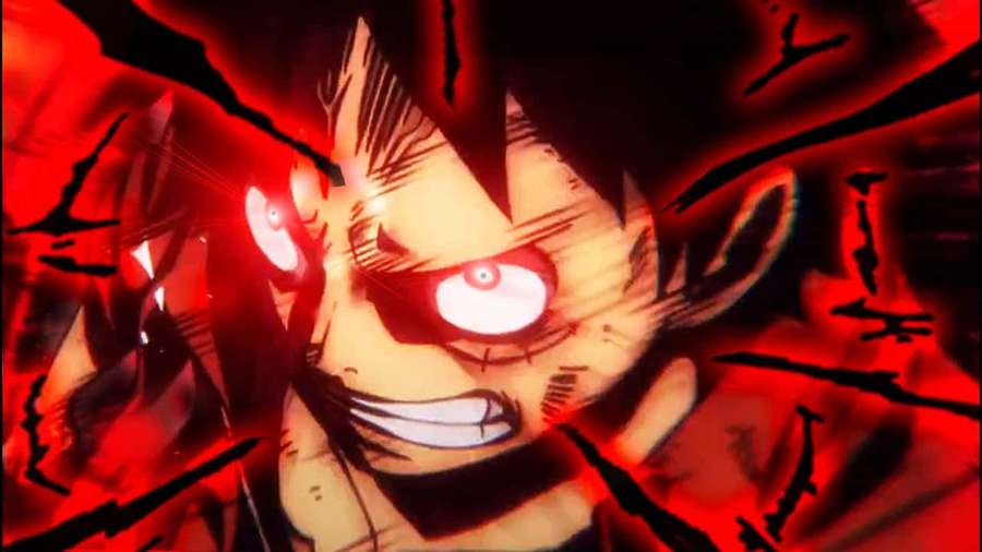 Anime-hahmo, jolla on hehkuvat punaiset silmät ja intensiivinen ilme. — Ase Haki Taustakuvat