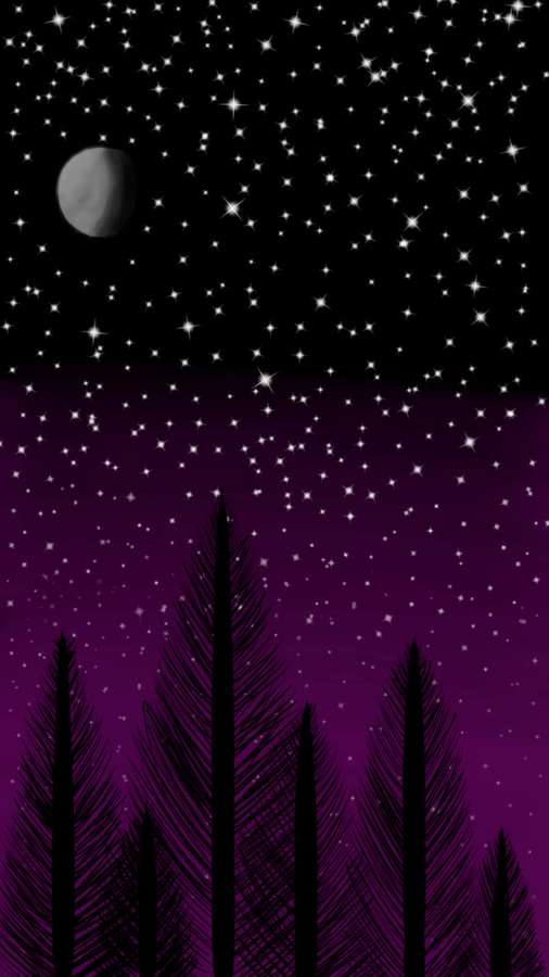 Palm tree silhouettes under a starry purple night sky with a crescent moon. — Asexual Wallpaper