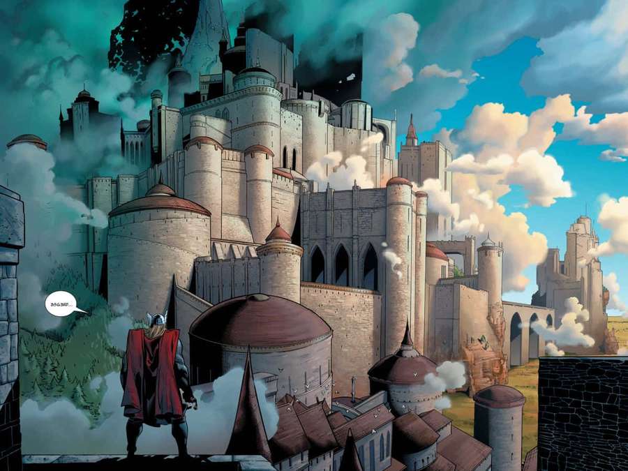 A warrior in red cape overlooks a massive stone castle under a stormy sky. — Asgard Wallpaper