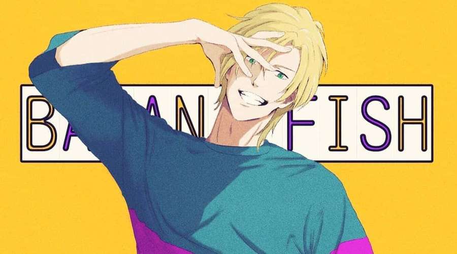 Anime character with blonde hair and teal shirt smiling while saluting. — Ash Lynx Wallpaper