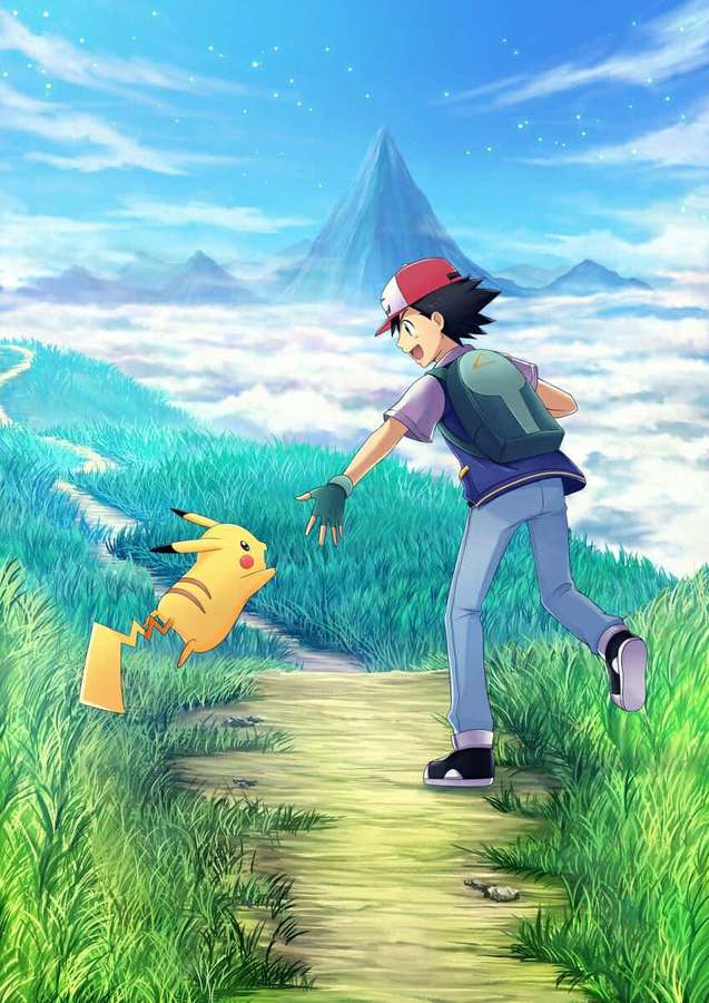 Entrenador y Pikachu corriendo por un camino a través de la hierba hacia una montaña. — Ash y Pikachu Fondos de pantalla