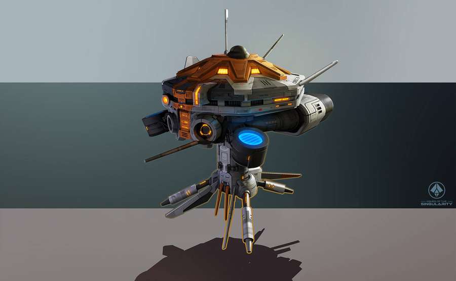 Futuristischer Mech mit glühenden Lichtern und mechanischen Gliedmaßen auf grauem Hintergrund — Ashes Bilder