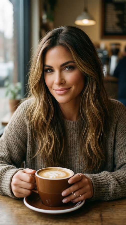 Ashley Tisdale enjoying a latte in a coffee shop, cozy morning vibe. — Ashley tisdale Background