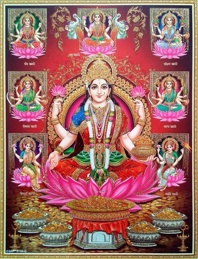 Dea indù seduta su un loto circondata da otto divinità minori in cornici ornate. — Ashta Lakshmi Sfondi