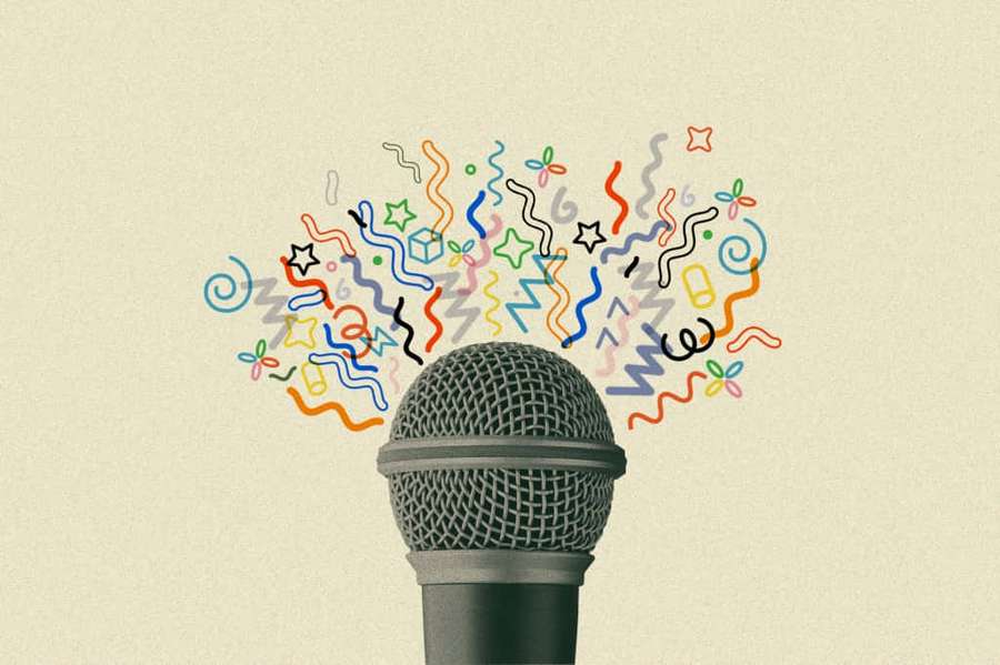 A microphone releasing colorful confetti and symbols in a celebratory burst. — Asmr Picture