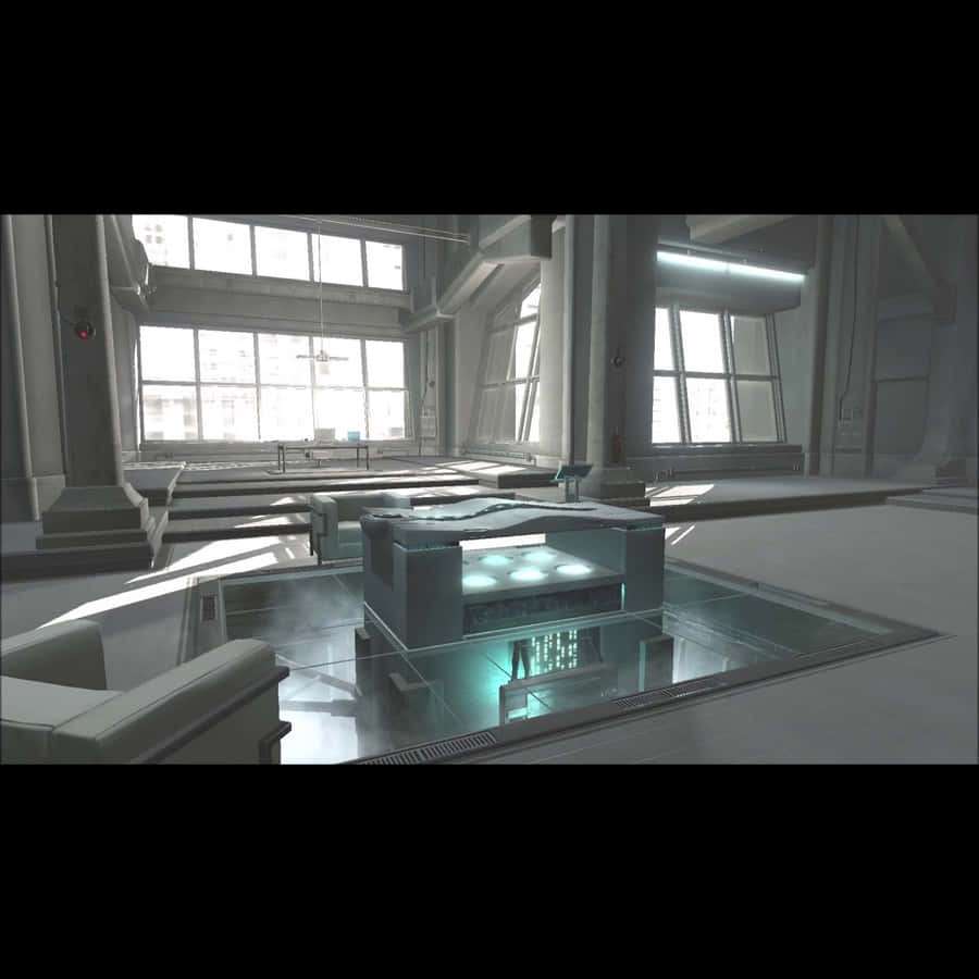 Mesa de vidrio futurista con luces azules en una sala industrial minimalista con grandes ventanales. — Assassin's Creed Animus Fondos de pantalla
