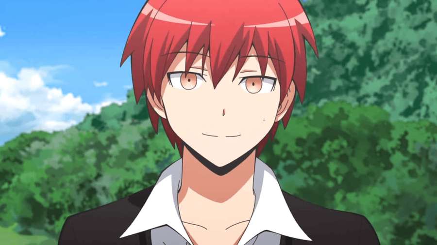 Anime character with red hair smiling outdoors in summer. — Assassination Classroom Background